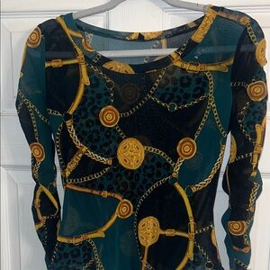 Chain & Medallion Sheer Long Sleeve Bodysuit - Teal and Black